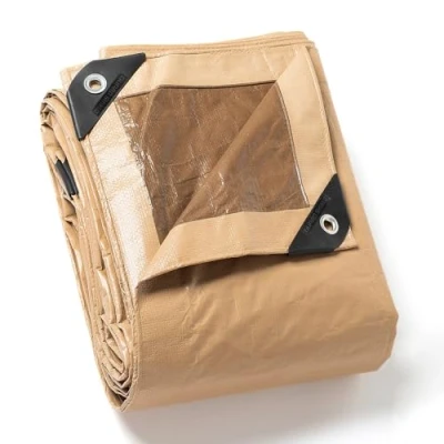 Image of GUARD SHIELD Tarpaulin with Eyelets, Waterproof, 4 m x 5 m, Beige/Khaki, Multifunctional Polyester Tarpaulin, 120 g/m² Fabric Protective All purpose Tarpau