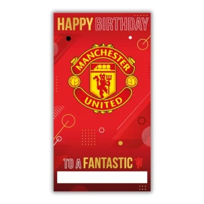 Image of Manchester United Football Club Birthday Card. Comes with Stickers to Personalise your Caption, Mum, Dad, Grandson, Boyfriend, Open Card, Red