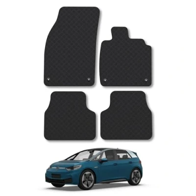 Image of Rubber Car Mats Compatible with VW Id.3 (2019 ) Tailored Fit Floor Set Accessory Black Custom 4 Pieces Clips Anti Slip Backing, Heavy Duty &amp; Waterproof