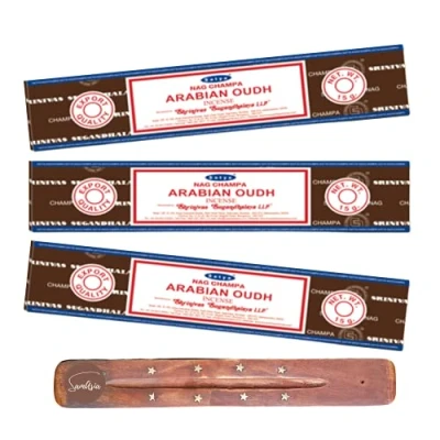 Image of Satya Nag Champa Arabian Oodh incense sticks x3 pack with SAMASIA holder Used for Aromatherapy, Spa, Yoga, Weddings, Meditation, Healing, Positivity and Relaxation