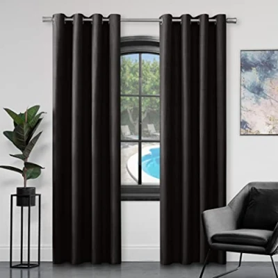Image of GC GAVENO CAVAILIA Faux Silk Eyelet Curtains For Living Room, 100% Polyester Ring Top Fully Lined Drapes, Black, 90x90 Inch (654575)