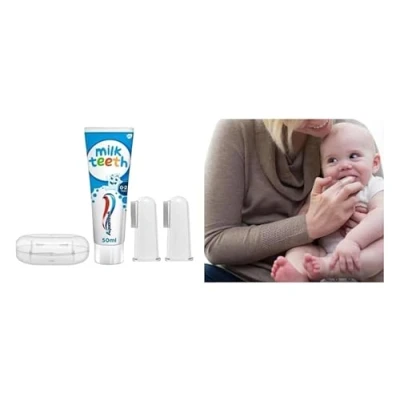 Image of Aquafresh Milk Teeth Babies Toothpaste 50ml + Sanitral Baby 0 2 Years Silicone Finger Toothbrush (Set of 2)
