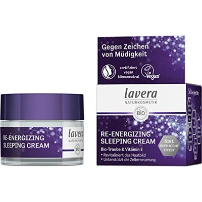 Image of lavera Re Energizing Sleeping cream night with organic grape &amp; vitamin E 5in1 over effect revitalises smooths complexion combats signs of fatigue natural cosmetics vegan(1 x 50 ml)