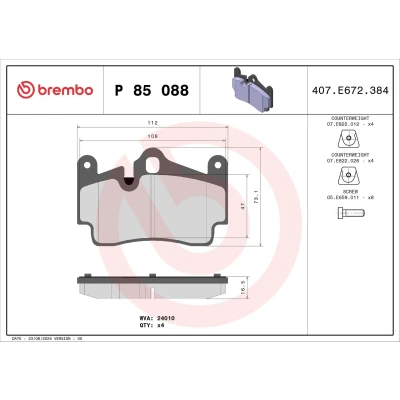 Image of 7908D978 Brake pad set BREMBO P 85 088 prepared for wear indicator with anti squeak plate without accessories, counterweights AUDI: Q7