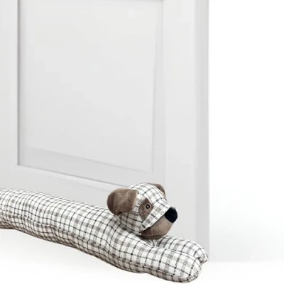 Image of Draught Excluder for Bottom of Door Animal Cushion Cute Sausage Dog Draft 90cm Long Beige Herringbone Stopper