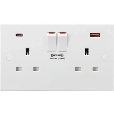 Image of KnightsBridge 13A 2G DP Square Edge White Switched Socket with Dual USB FASTCHARGE ports (A + C)