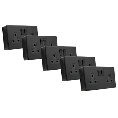 Image of SHP ELECTRICAL® Screwless Matt Black Metal 2 Gang 13A Switched Socket and 25mm Surface Mount Pattress Box (2 + Back (5 Pack))