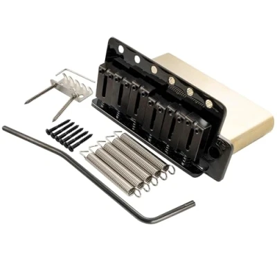 Image of Musiclily Ultra 56mm(2 7/32 inch) American Vintage Style 6 Screw ST Tremolo Bridge with Modern Brass Saddles 42mm Solid Block Push In Arm for Strat Electric Guitar, Black