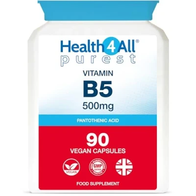 Image of Vitamin B5 Pantothenic Acid 500mg 90 Capsules (V) (not Tablets) Purest: No Additives, Vegan. Made in The UK by Health4All.