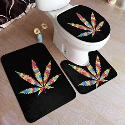 Image of RedBeans Non Slip Bath Mat 3 Piece Flannel Bathroom Rug Set,Pot Leaf Weed Soft Pedestal Anti Shower Carpet Toilet Cover Set