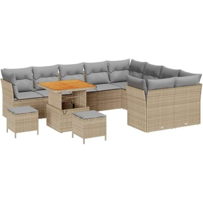 Image of vidaXL 12 Piece Garden Sofa Set with Cushions Beige Poly Rattan Acacia