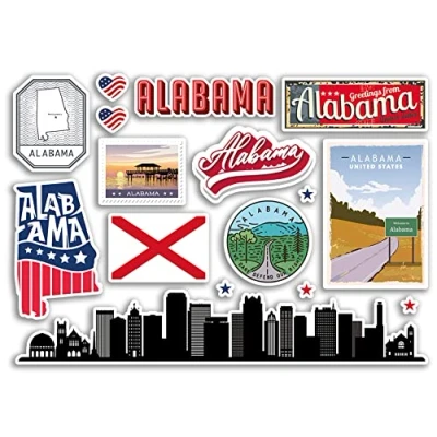 Image of A5 Sticker Sheet Alabama Landmarks Vinyl Stickers America States USA American Airport Stamps Skyline Flag Map Travel Holiday Scrapbooking City Luggage #79178