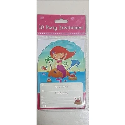 Image of Birthday Party Packs Princess Mermaid , bunting Banners Napkins Invitations Hats plates and Table cover (Mermaid 10 Invvitations)
