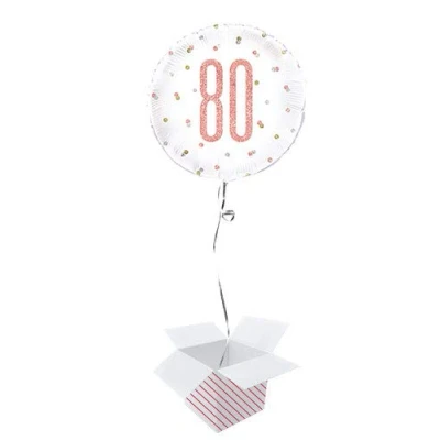 Image of Rose Gold Glitz Age Holographic Round Foil Helium Balloon Inflated in a Box (Age 80, Birthday)