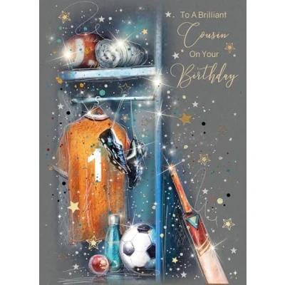 Image of Cherry Orchard Cousin Happy Birthday Card with Sprty Design from the Grayson Range complete Gold Envelope and Foil Detailing