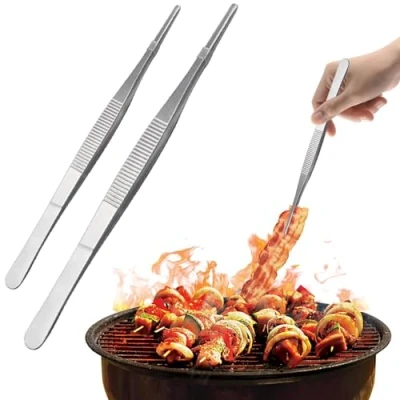 Image of 2Pcs Cook Tweezers Kitchen Straight Cooking with Serrated Tips Stainless Steel cPrecision Tongs for Baking Barbecue Cake Decorating, Food Fish Tongs(20cm and 30cm)