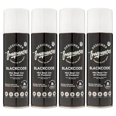 Image of Designer Fragrances 4 Pack Blackcode Air Freshener Blast Cans For Home &amp; Vehicles Natural Oils, Luxury Lasting Smell, Dry Mist Quick Release Spray Deodorise Neutralise Odours 300ml