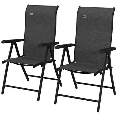 Image of Outsunny set of 2 Outdoor Wicker Folding Chairs, Patio PE Rattan Dining Armrests Chair with 7 Levels Adjustable Backrest, for Outdoors, Camping, Grey