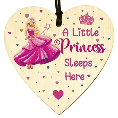 Image of GuteGifts A Little Princess Sleeps Here Wooden Heart Plaque Hanging Sign Gifts for Baby Girls Sweet Daughter Hot Pink Crown Design Fairytale Home Decor