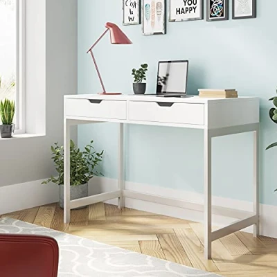 Image of ModernLuxe Computer Desk with 2 Drawers, Dressing Table, Work Table for Home Office, Industrial Style,Sturdy Metal Frame 100x50x75 cm White