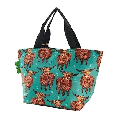 Image of ECO CHIC Lightweight Foldable Insulated Lunch Bag Water Resistant Cooler (Highland Cow Teal)