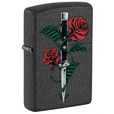 Image of Zippo Windproof Lighter Rose Dagger Black Crackle Refillable, Lifetime Use Adjustable Flame Gift Box One Metal Construction Made in USA