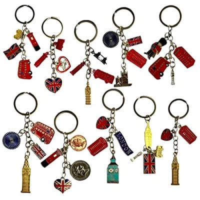 Image of Souvenirs 10 London Charm Keychains British keyrings Union Jack Key Rings England Famous Icons Chains Great Britain Landmarks Metal