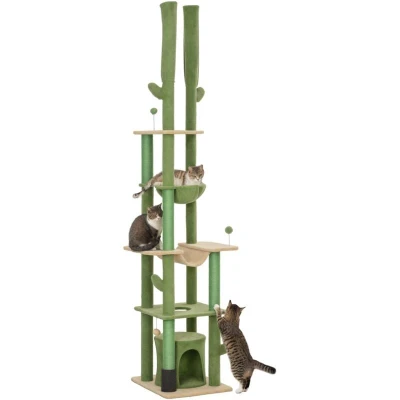 Image of PawHut Floor to Ceiling Cat Tree, 225 255cm Height Adjustable Tower for Indoor Cats Multi Level Activity Centre with Sisal Scratching Posts, Grooming Brush Post, Condo, Hammocks Green
