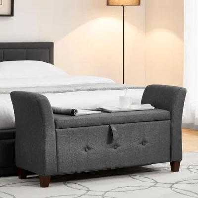 Image of Vida Designs Seville Storage Ottoman, Fabric Chest with Lid, Seat, Stool, Window Bench, Chest, Toy Box, Pouffe, Footstool, Dark Grey Linen