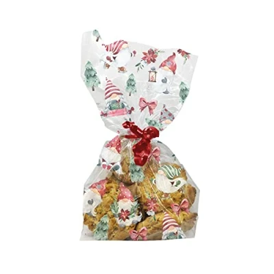 Image of Anniversary House 20pcs Festive Gonk Christmas Cellophane Bags, Party, Cookie, Biscuit, Sweet Treat, Cake, Sweets, Gift, Food Bag 12.5 x 28.5cm, Clear with Gnome Pattern, Gifts, M584