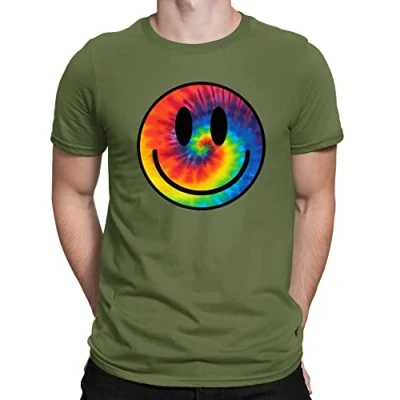 Image of Mens Tie Dye Happy Smile Face Acid Rave T Shirt Khaki (S)