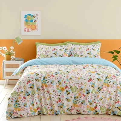 Image of Fusion Bumble Bee Duvet Cover Double Bedding Size (200 x 200cm) Reversible Design (2 Colours) Honeybee &amp; Floral Garden Yellow Gifts
