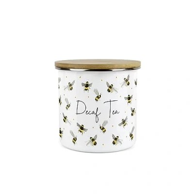 Image of Purely Home Scattered Bees Decaf Tea Canister White Metal Enamel Kitchen Medium Sized Food Storage Container