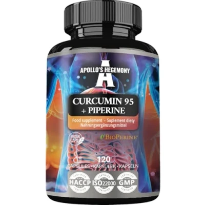 Image of Curcumin 95 + Piperine 302mg per Capsule, High Strength Turmeric Root Extract 95%, 120 Vegan Capsules, 4 Months Supply, for Optimal Digestion and Enhanced Absorption by Apollo&#039;s Hegemony