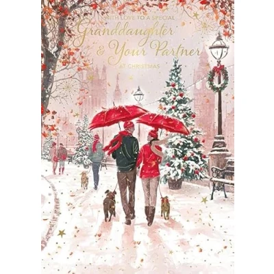 Image of Words &#039;n&#039; Wishes Granddaughter and Your Partner Christmas Card Couple Walking Dogs in the Snow with a Foil Finish Eco Friendly