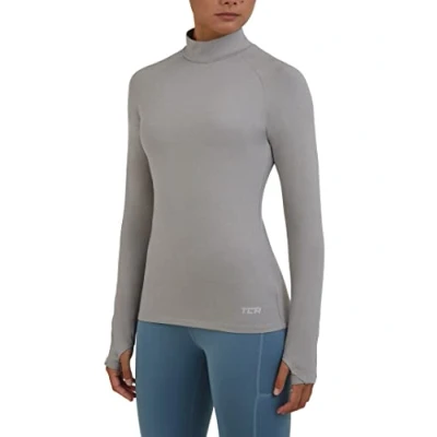 Image of TCA Women&#039;s SuperThermal Long Sleeve Performance Base Layer Running Training Workout Top Mock Neck with Thumbholes Light Grey Marl, XL