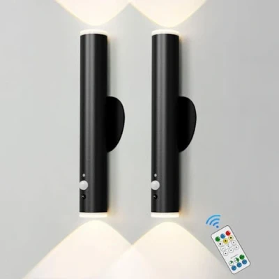 Image of HARPER Living Wall Lights Set of 2 Battery Operated, LED Rechargeable Lamp with Motion Sensor and Remote, Dimmable Color Changing Sconces for Room Bedroom Hallway, Balck