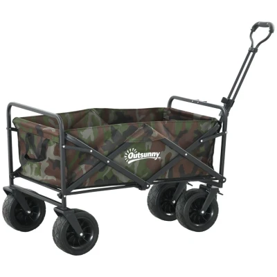 Image of Outsunny Folding Garden Trolley Cart, Outdoor Collapsible Wagon with Telescopic Handle, Carry Bag and All Terrain Big Wheels, for Beach, Camping, Festival, 100KG Capacity, Camouflage