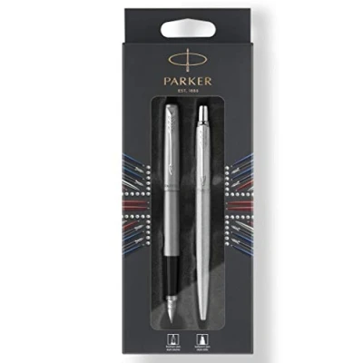 Image of Parker DuoSet Jotter 2046254 Fountain Pen and Ballpoint M Blister Pack Stainless Steel