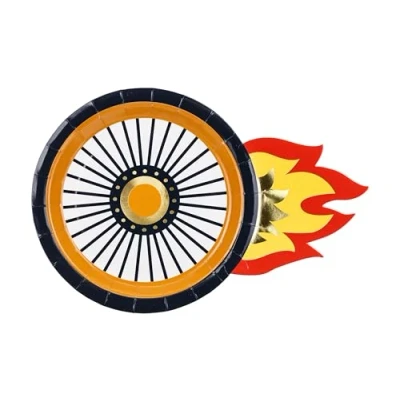 Image of Paper Plates Tyres Motif 26.5 18 cm Set of 6 Party Plastic Free Circle in Flames 28 Pack Colourful