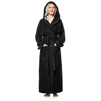 Image of Arus Women&#039;s bathrobe with hood, full length, 100% cotton terry, women`s size: M long, unisex S Black