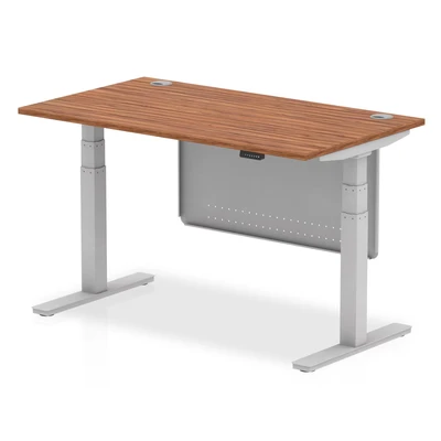 Image of Air 1400x800 Height Adjustable Desk Walnut CP Silver Leg Modesty Panel