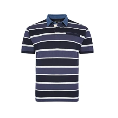 Image of Kam Stripe Rugby Style Polo Shirt Kingsize Yarn Dyed with Denim Chambray Collar 3XL Indigo (5453)