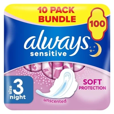 Image of Always Sensitive Ultra Night Sanitary Towels with Wings, Size 3, 100 (10 x 10 Packs), Saving Box, Odour Neutraliser, Super Absorbent Core