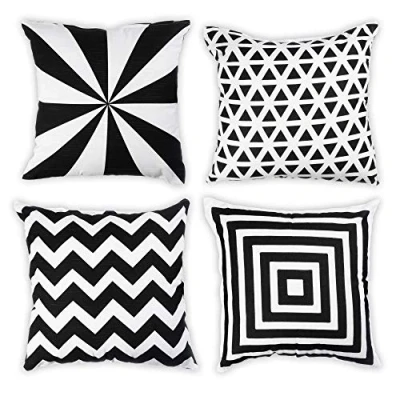 Image of Penguin Home Set of 4 100% Slub Cotton Fabric Cushion Covers 45cm x Double Sided Square Pillow with Invisible Zipper Cases for Living Room, Bedroom, Sofa (White/Black Mix)