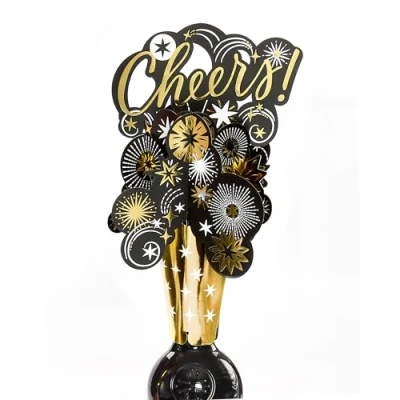 Image of UK Greetings Bottle Topper Wine/Champagne Stoppers Birthdays/Thank You Teacher/Weddings Gold Foil Cheers Design 24x15cm