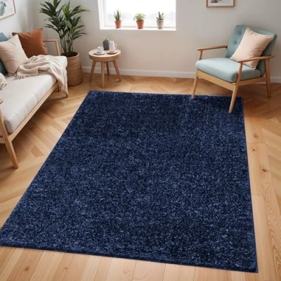 Image of Livabliss Shaggy Rug Modern Berber Living Room 160x213 cm, Soft Rugs for Bedroom Neutral Boho Fluffy Rug, Easy Care Plush Thick Pile Large Navy Blue