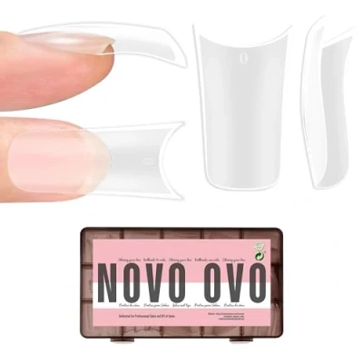 Image of NOVO OVO Extra Thick Duck Feet Nail Tips Full Cover for Press on Acrylic with Moon Curve, Medim Long Clear Pre Etched Matter Flare Wide French Soft Gel Fake False Extension x 15 Sizes 150 pcs