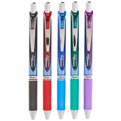 Image of Pentel Gel Ink Pen, Retractable, 0.5mm, Metal Tip, Assorted Colors, Pack of 5 (BLN75BP5M)