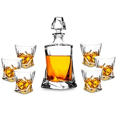 Image of KANARS Whiskey Glasses and Decanter Set, 800 ml No Lead Crystal Whisky with 6 300 ml, Unique Stylish Gift Box, 7 Piece